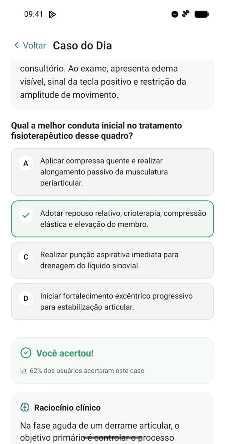 Resposta certa no caso do dia com a porcentagem de acerto dos usuários