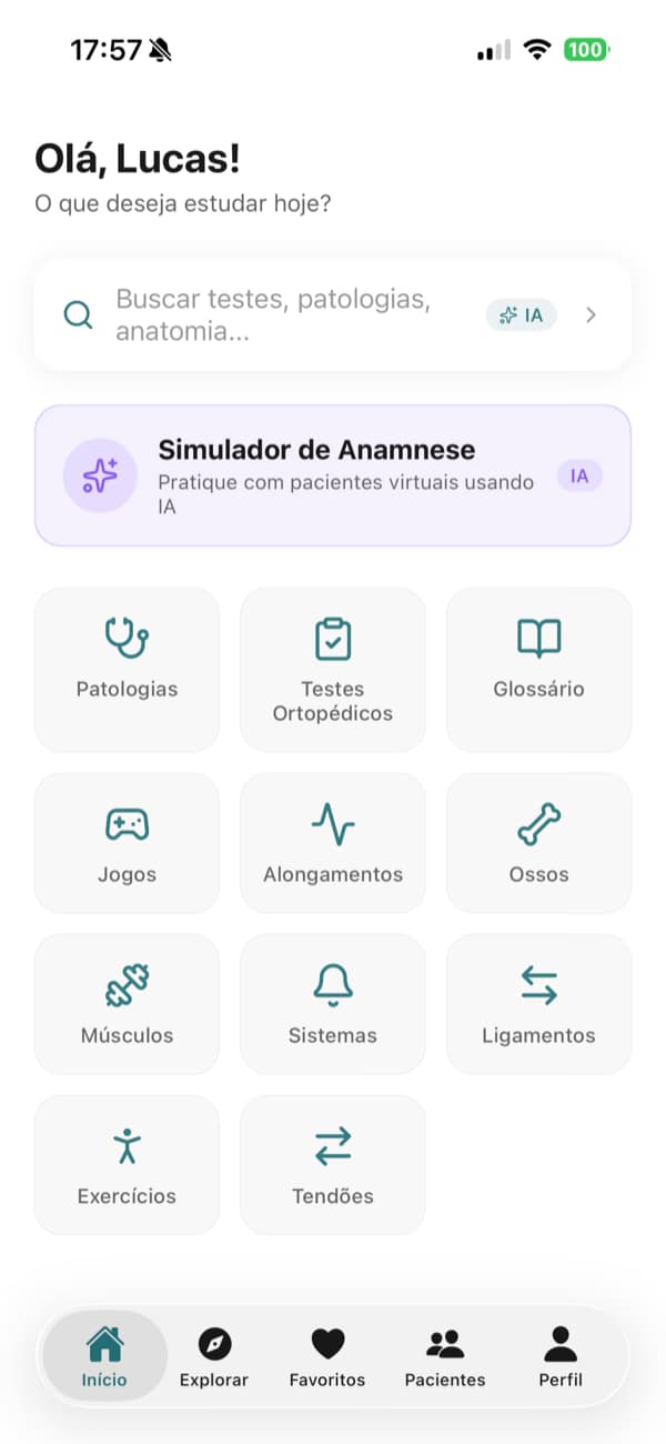 Tela inicial do app Espaço Fisioterapia com módulos de estudo e simulador de anamnese