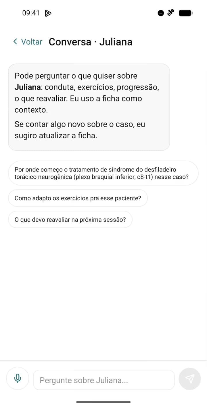 Conversa com a IA sobre um paciente, com sugestões de perguntas